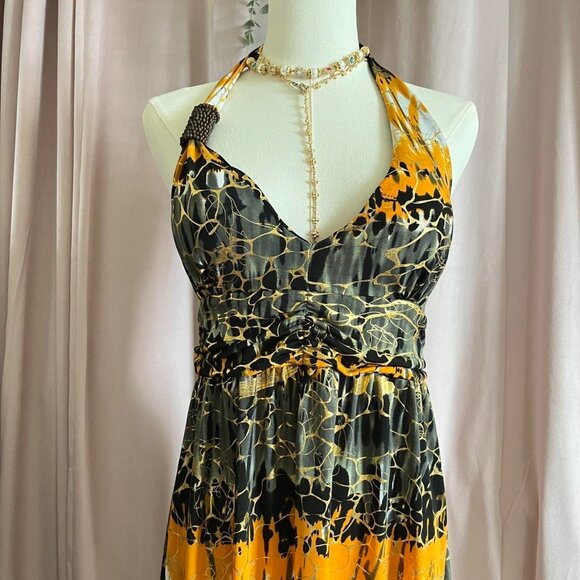 INGEAR 2000s Y2K Black and Yellow Print Halter Neck Sundress - Picture 2 of 8